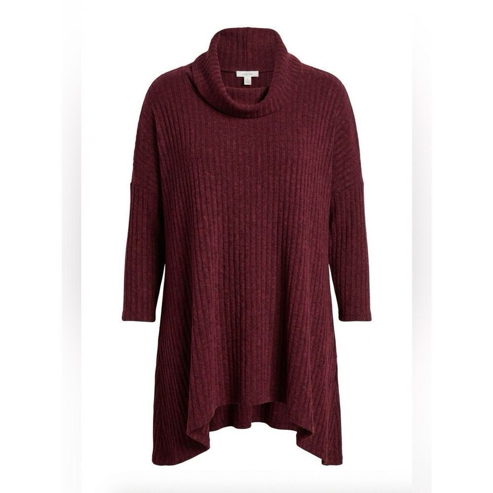 Burgundy Ribbed Knit Cowl Neck Shark-bite Bottom Sweater Size L